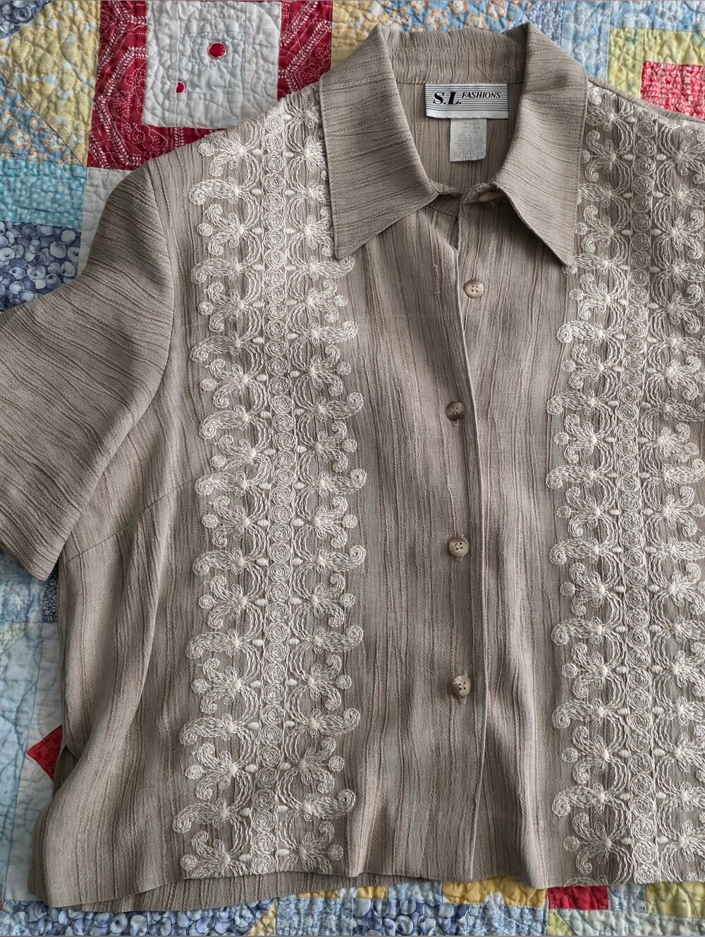 S.L. Fashions Taupe Short-Sleeve Embroidered Jacket